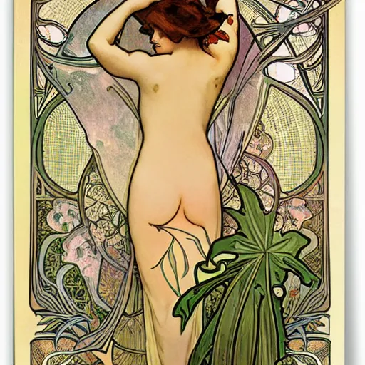 Prompt: beautiful art nouveau of tropical flora by Alphonse Mucha