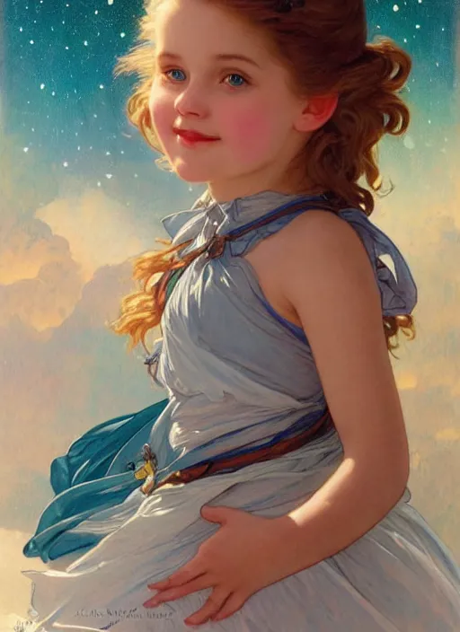 Image similar to a cute little girl with a round cherubic face, blue eyes, and short wavy light brown hair smiles as she floats in space with stars all around her. she is wearing a turquoise dress. beautiful painting by artgerm and greg rutkowski and alphonse mucha