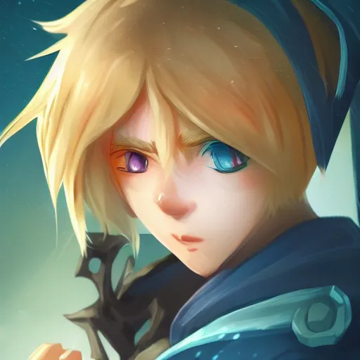 Prompt: league of legends character style of teenager cute boy, blonde hair, blue eyes, kissing with tree, close up, cinematic light, dark room, detailed, photo, 8K