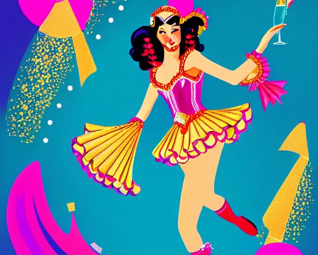 Image similar to teenage cher as a cancan dancer in art deco style, champagne commercial, artstation, illustration, bright, cheerful, detailed and intricate environment