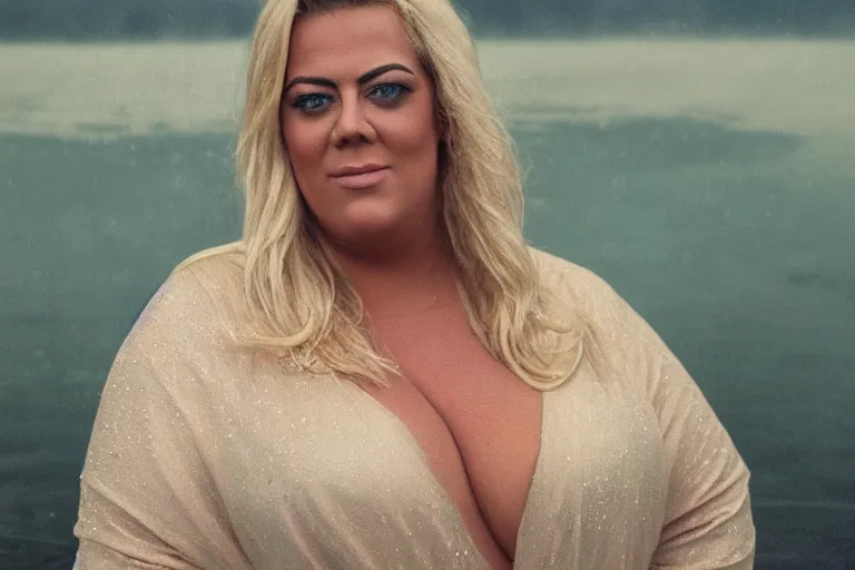 Image similar to a cinematic painting of gemma collins stood near a lake on a rainy day, beautiful lighting, high depth, ultra realistic, artistic, by annie leibovitz