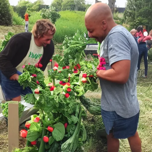 Image similar to the vegetables have their hands full of flowers with mikey serving water and giving away slices of watermelon