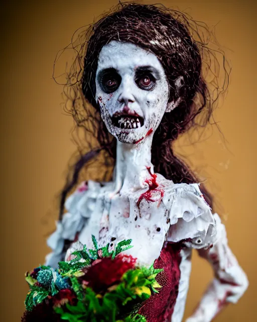 Prompt: a paper mache doll of a zombie bride, realistic, very detailed, complex, intricate, studio lighting, bokeh, sigma 5 0 mm f 1. 4