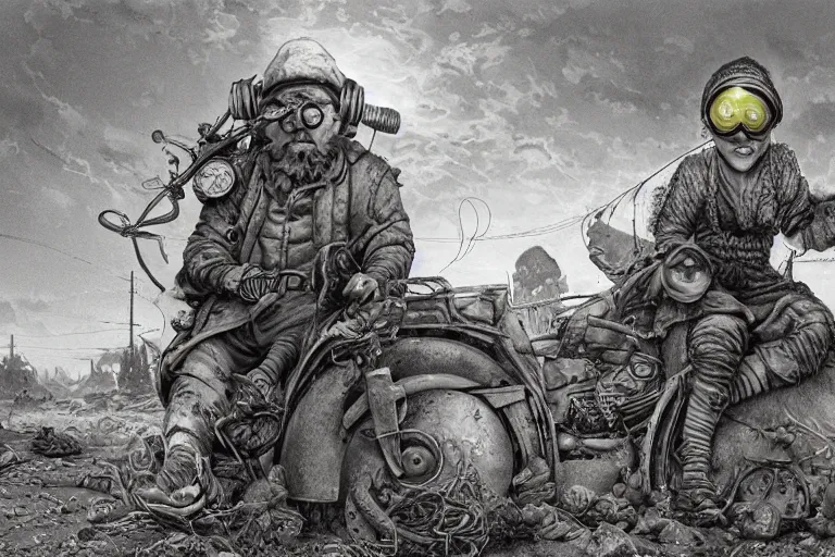 Image similar to a highly detailed garden gnome wearing goggles and head scarf holding onto the side of a caravan as its speeding down the highway, hopeless wasteland background with a relentless raging sun overhead, post - apocalyptic road warrior vibe, full body, wide angle, an ultrafine detailed painting by p. craig russell and barry windsor - smith, trending on deviantart, octane, masterpiece