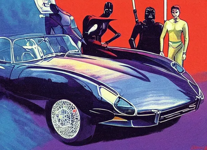 Prompt: kitt, knight rider, jaguar e - type. style danger diabolik, star wars, thx 1 1 3 8. painting by jack gaughan