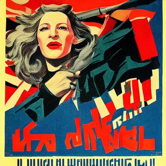 Image similar to soviet propaganda poster with cate blanchett calling on the world community to fight against Nazism, Ultra Detailed, soviet realism