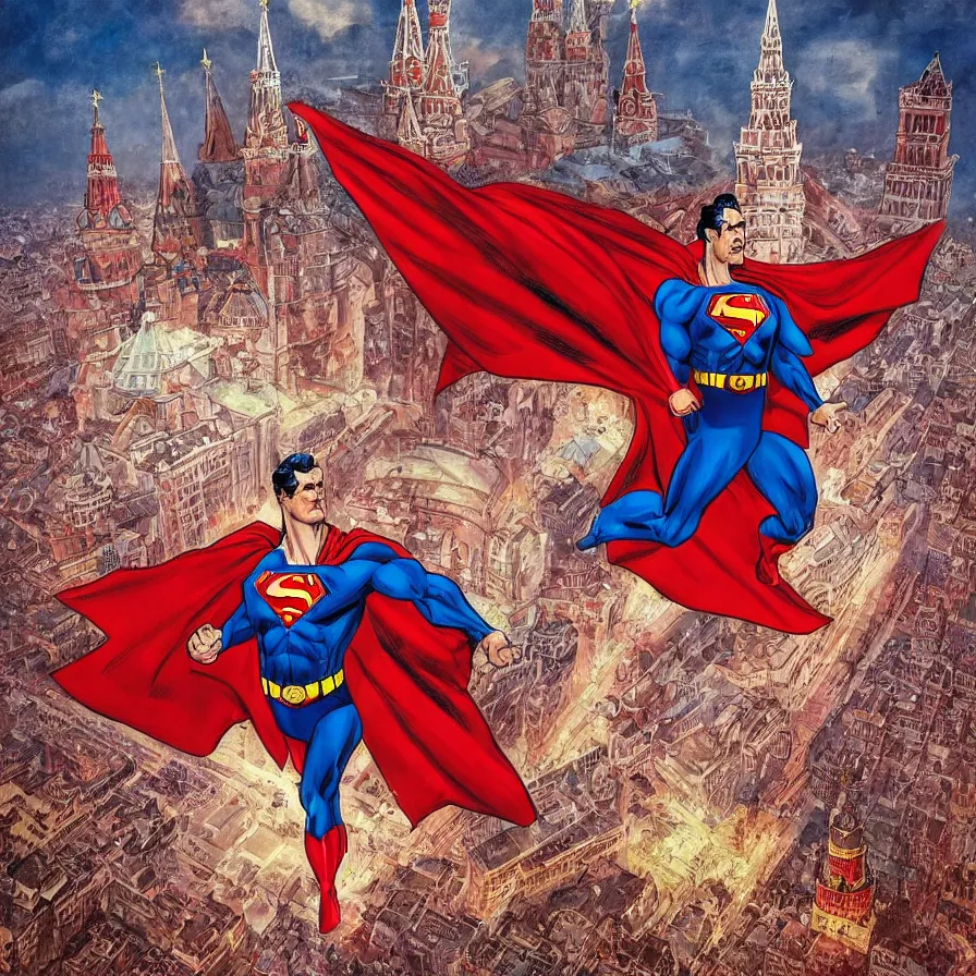 Image similar to epic comic book cover of stalin as superman floating over the red square ( moscow ), red banners, saved the day, socialist realism, aesthetically pleasing, finely detailed facial features, hyperrealist, intricate digital art, trending artstation, artgem, rich moody colors, fan art, concept art, in the style of the red son, by cory walker and ryan ottley