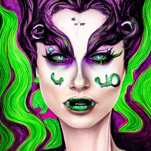 Prompt: an extremely psychedelic portrait of elvira as the riddler, surreal, lsd, face, detailed, intricate, elegant, lithe, highly detailed, digital painting, artstation, concept art, smooth, sharp focus, illustration