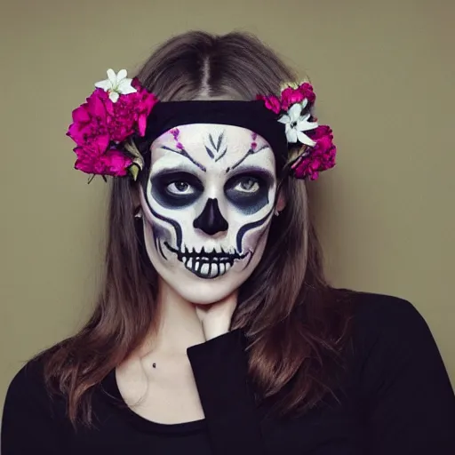 Prompt: a photorealistic portrait of a woman with a skull face paint and headband of flowers