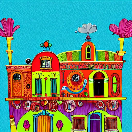 Prompt: A colorful Mexican building in the style of Tim Burton, digital Art