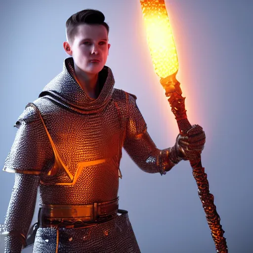 Prompt: Freddie Woodman wearing a chainmail tunic holding a glowing fire magical staff. Trending on Artstation, octane render, ultra detailed, art by Ross tran