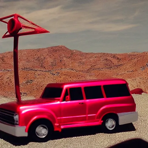 Image similar to 3 5 mm photo of metallic red suburban car like hot wheels model in area 5 1 as background, epic cinematic