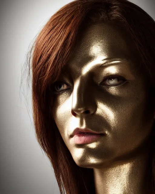 Prompt: realistic photo portrait of a metal hero woman with human head, studio lighting, 1 5 0 mm