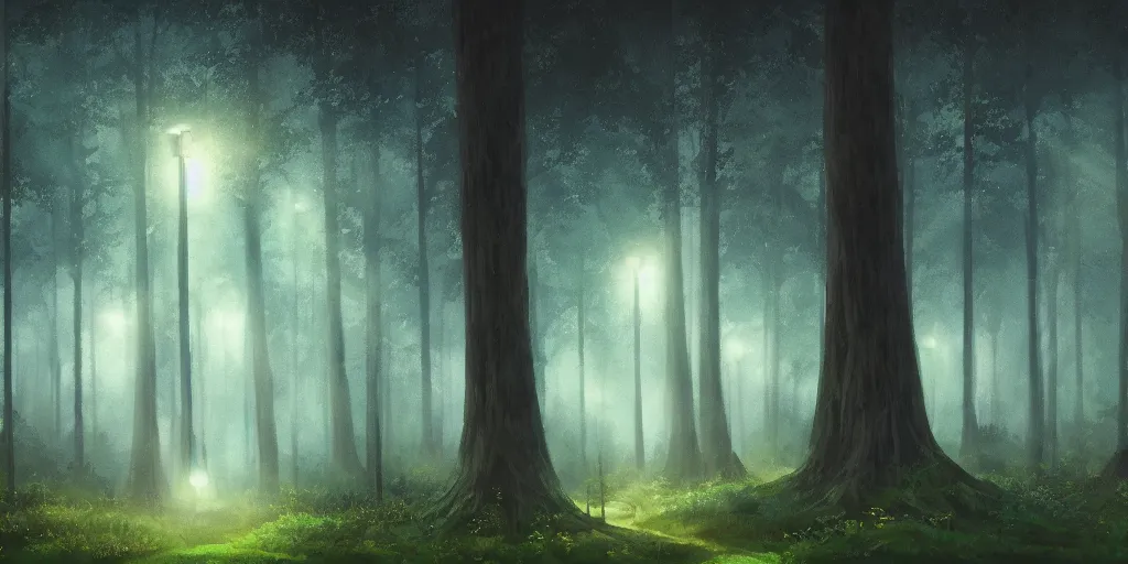 Prompt: a forest at night, cinematic angle, studio Ghibli, cinematic lighting, digital art, detailed oil painting, hyperrealistic, 8k