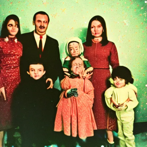 Prompt: alien at a soviet christmas, family photo, 1 9 7 0 s, eikon 5 0 mm, camera flash