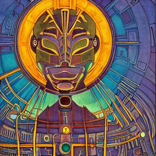 Prompt: the robot in her intricate mechanical mask, by annie swynnerton and diego rivera and kit williams and leo and diane dillon and nicholas roerich, symbolist, dramatic lighting, elaborate geometric ornament, art brut, god rays, soft cool colors, smooth, sharp focus, extremely detailed, adolf wolfli