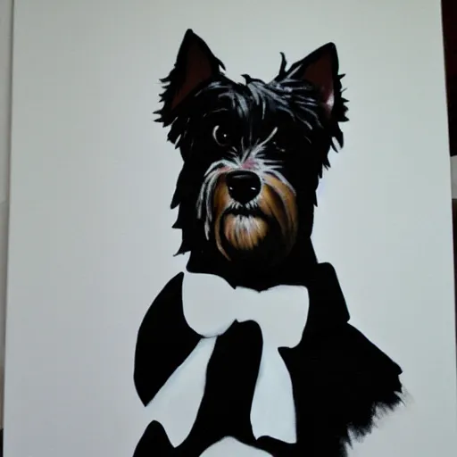 Prompt: painting of a westie in a tuxedo