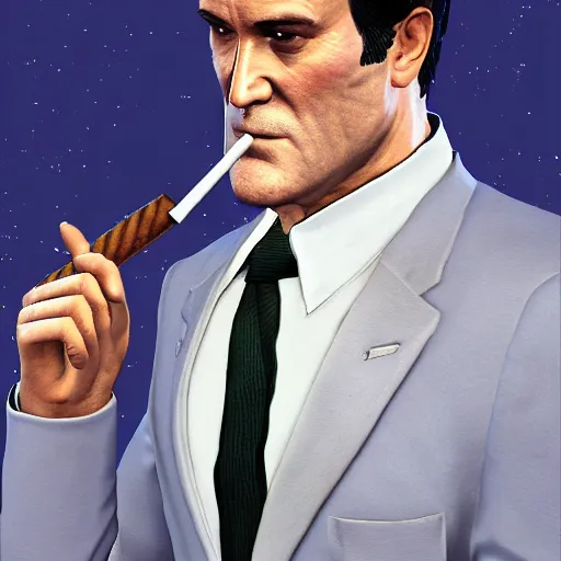 Prompt: portrait of bruce campbell dressed in a tuxedo smoking a cigar. gta v graphics