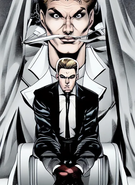 Image similar to aesthetic digital illustration of a handsome young man in an empty white room by brian bolland, rachel birkett, alex ross, and neal adams | sinister, dangerous, headshot, character concept, concept art, unreal engine, finalrender, centered, deviantart, artgerm
