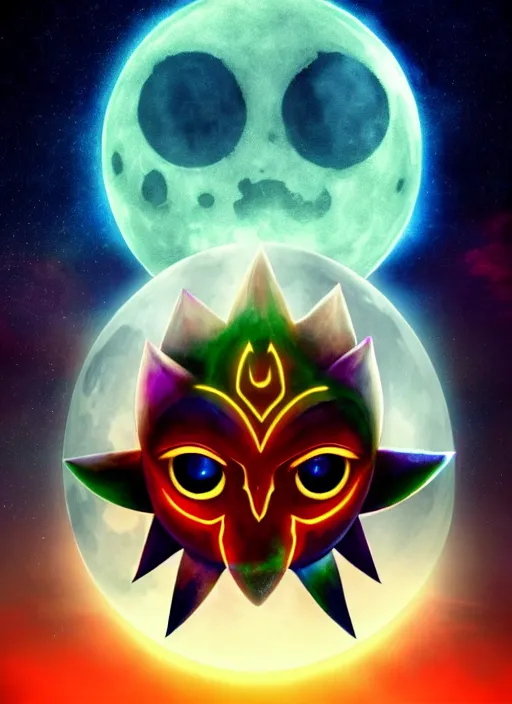 Image similar to majora\'s mask evil moon looking at link maniacally, night sky, starry night, legend of zelda, dramatic lighting, cinematic, film, dynamic pose,  movie scene, colorful, dark, concept, 8K, actor as role, octane render, visionary, artstation,neon lighting, intense shadows, legend of zelda link staring at the moon, insanely detailed octane render, 8k film photography, photorealistic,