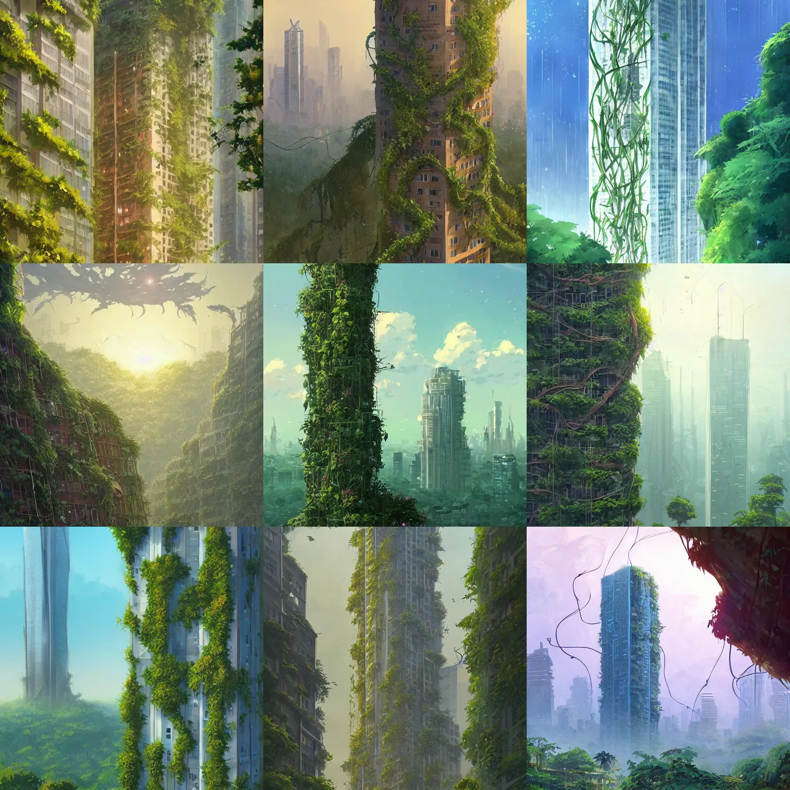 Prompt: Naturecore Skyscraper Skyline covered in vines by Studio Ghibli and Greg Rutkowski, artstation