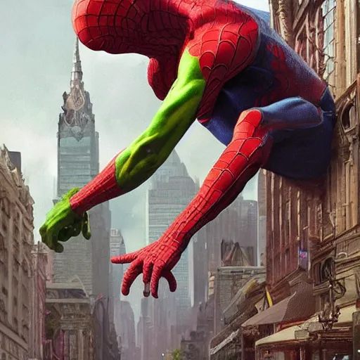 Image similar to ultra realistic illustration, wide angle shot, kermit as spider man, intricate, elegant, highly detailed, digital painting, artstation, concept art, smooth, sharp focus, by artgerm and greg rutkowski and alphonse mucha