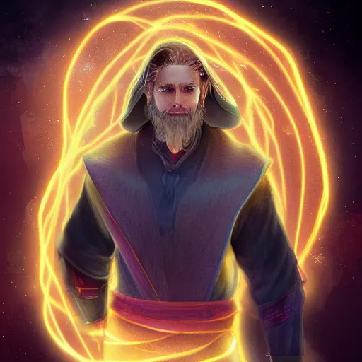 Image similar to a male wizard, glowing, frontal view, cool looking, photoshop