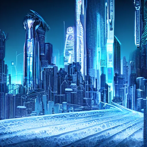 Prompt: nightscape, cityscape made of sculpted ice, cyberpunk, quantum wavetracing,