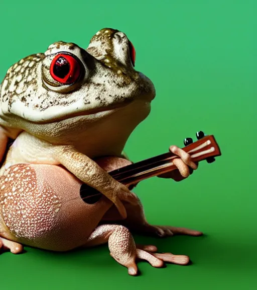 Image similar to a toad on a mushroom playing guitar