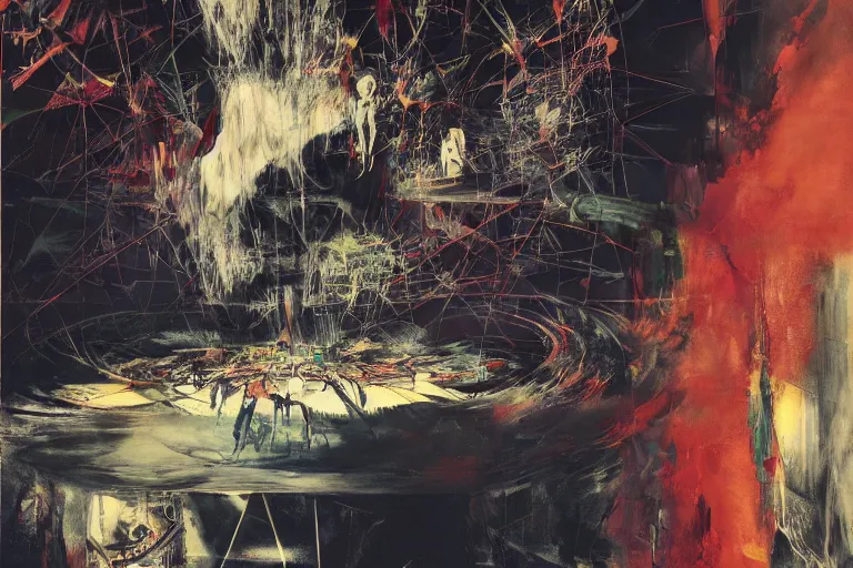 Prompt: the physical impossibility of death, inside a brutalist designed space ship, gothic, rich deep colours, painted by francis bacon, adrian ghenie, james jean and petra cortright, part by gerhard richter, part by takato yamamoto. 8 k masterpiece, cinematic lighting