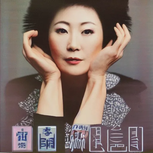 Image similar to album cover of a beautiful 80s Japanese singer, album cover, medium shot