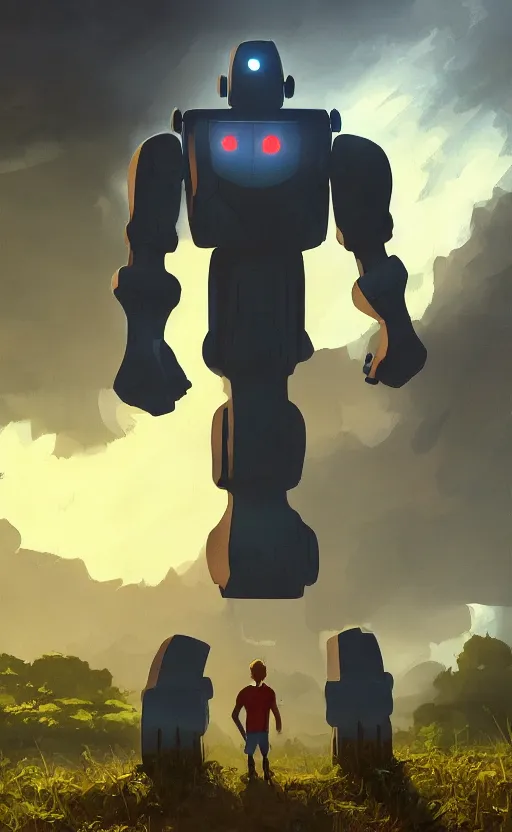 Image similar to iron giant standing near his farm, dynamic lighting, photorealistic fantasy concept art, trending on art station, stunning visuals, creative, cinematic, ultra detailed