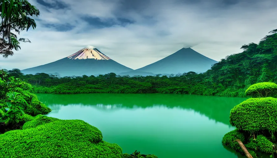Image similar to a beautiful green scene, guatemalan lake full of water, volcano in background, high definition, beautiful award winning photography, 8 k.