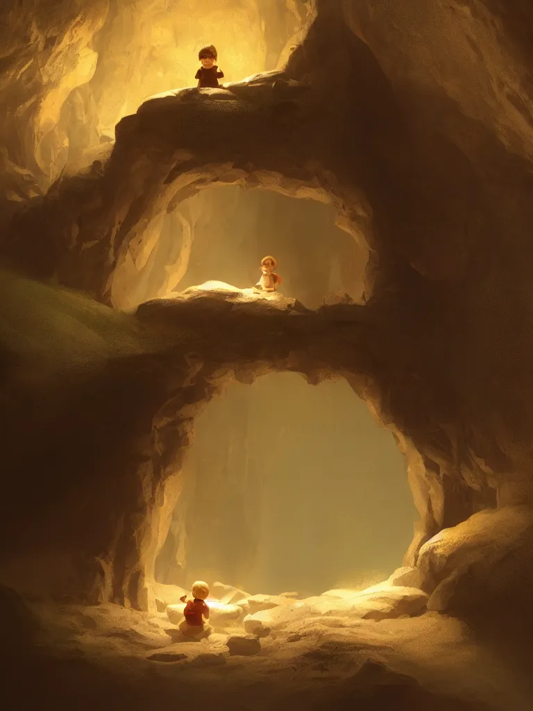 Prompt: lit child, in a dark cave, by disney concept artists, blunt borders, golden ratio, soft light