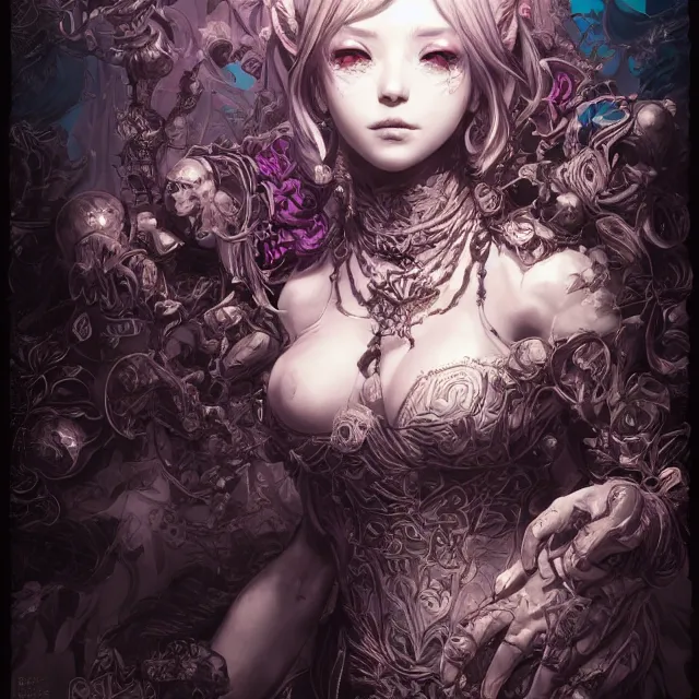 Image similar to the portrait of chaotic evil female necromancer mastermind as absurdly beautiful, gorgeous, elegant, av idol, an ultrafine hyperdetailed illustration by kim jung gi, irakli nadar, intricate linework, bright colors, octopath traveler, final fantasy, unreal engine 5 highly rendered, global illumination, radiant light, detailed and intricate environment