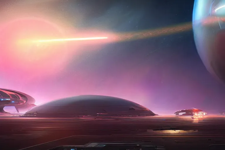 Image similar to a distant futuristic military installation, on the horizon, sleek, menacing, glowing lighting and neon signs, Raymond Swanland and Jessica Rossier nebula like clouds in space background near a ringed gas giant, hyper detailed hyper detailed, 8k, ultra realistic, cinematic lighting, ultra wide 35mm lens, Boeing Concept Art, Lockheed concept art