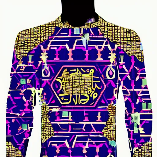 Prompt: arabic pattern, cyberpunk, fashion design, alien