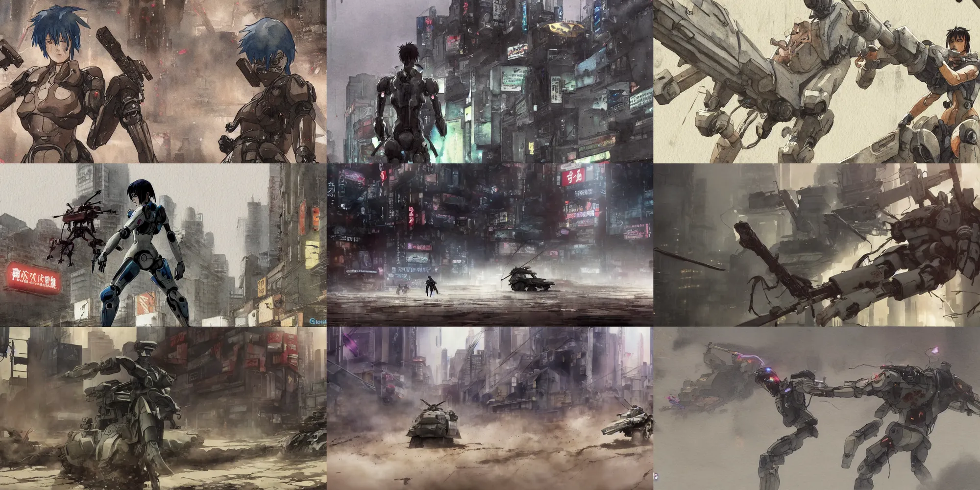 Prompt: incredible screenshot, simple watercolor, masamune shirow ghost in the shell movie scene close up broken Kusanagi tank battle, brown mud, dust, tank with legs, robot arm, ripped to shreds, angry expression, chase ,light rain, LED billboard advertisements on buildings, hd, 4k, remaster, dynamic camera angle, deep 3 point perspective, fish eye, dynamic scene