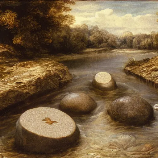 Prompt: detailed footage of european hunger stones in a river, photographic journalism, realistic, european river, 1 6 1 6 writing