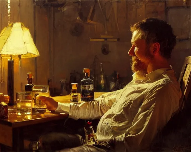 Image similar to an exhausted painter in his studio with a bottle of whisky. highly detailed painting by gaston bussiere, craig mullins, j. c. leyendecker 8 k