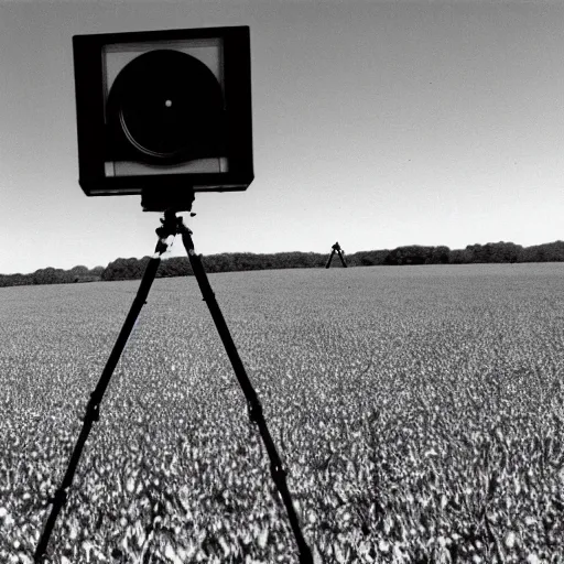 Image similar to wide view of an alien tripod walking in a field, aiming its laser at nearby peasants, 90s VHS TV still