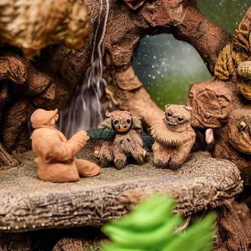 Prompt: high - res photograph of a claymation sculpture action figure cute fluffy critters, highly detailed sculpey diorama, forest setting, waterfall backdrop, realistic materials, wood, felt, cloth, burlap, smooth, sharp foccus, commercial product photography,