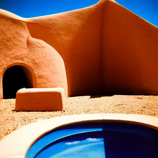 Image similar to lustful woman standing outside a Non-Euclidean orb-like clay house sitting in the desert and looking at her phone, vintage photo, beautiful cinematography, blue sky, film grain, James Turrell