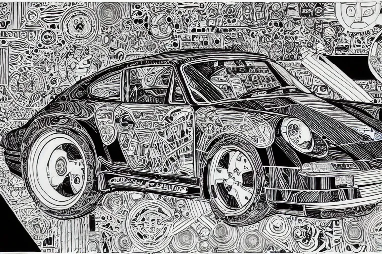 Prompt: a black and white drawing of a porsche 9 1 1 reimagined by singer, a detailed mixed media collage by hiroki tsukuda and eduardo paolozzi and moebius, intricate linework, sketchbook psychedelic doodle comic drawing, geometric, street art, polycount, deconstructivism, matte drawing, academic art, constructivism