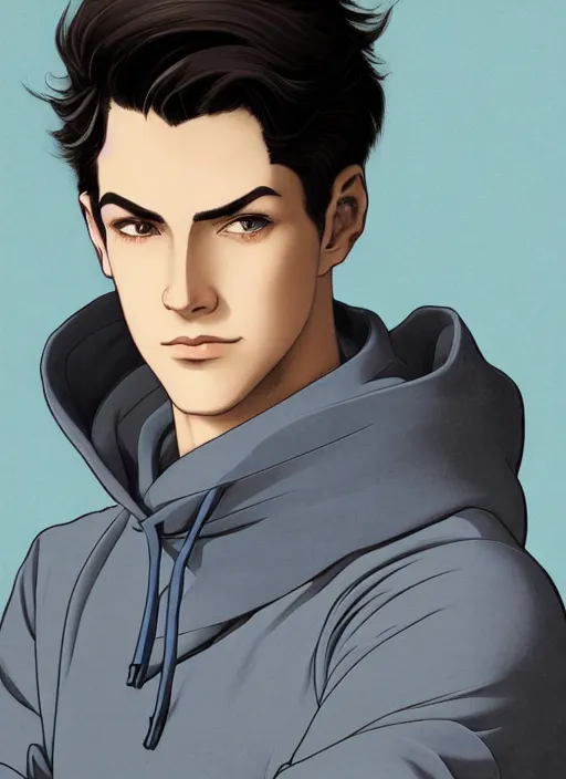 Image similar to well - lit art nouveau portrait of a young man with short black hair, light blue eyes, pale skin, serious expression, jeans and a black hoodie, natural lighting, path traced, highly detailed, high quality, cartoon, digital painting, by don bluth and ross tran and studio ghibli and alphonse mucha