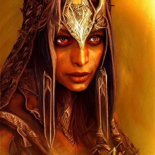 Prompt: freida pinto as dark elf sorceress by alan lee, full body, intricate, highly detailed, digital painting, artstation, concept art, smooth, sharp focus, illustration, vfx