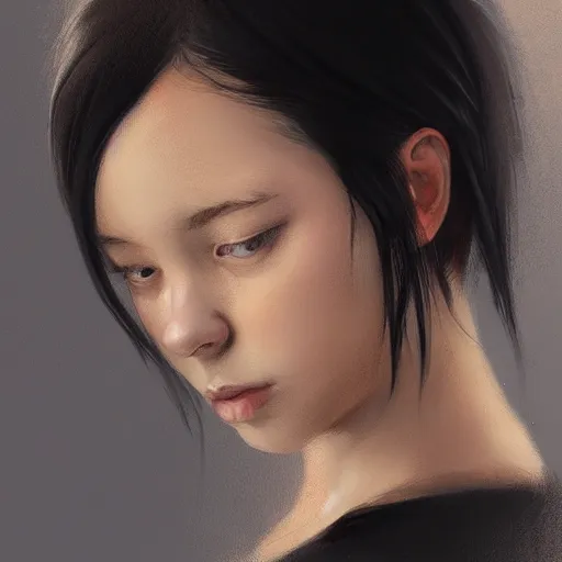 Image similar to portrait of a girl by greg rutkowski, she is about 2 0 years old, mixture between russian and japanese, prettt, black bob hair with two strands around her face, wearing a tank top, highly detailed portrait, digital painting, artstation, concept art, smooth, sharp foccus ilustration, artstation hq