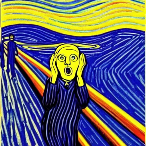 Image similar to donald trump as edvard munch's the scream, van gogh's the starry night in the background