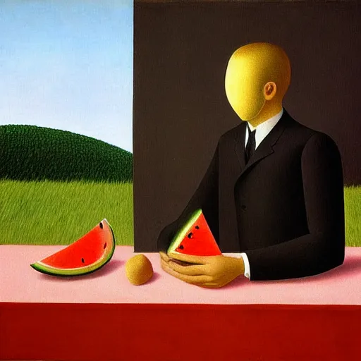 Prompt: painting man with watermelon by Rene Magritte