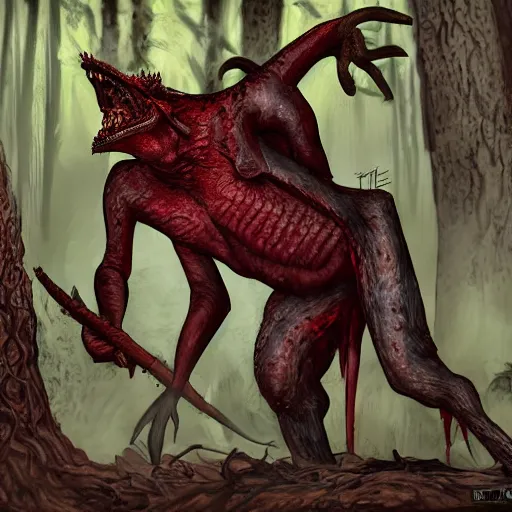 Image similar to big butcher anthropomorphic male lizardfolk posing scarily, scary angry pose, covered in blood, fresh kill, cleaver, in a forest, earie setting, lovecraft, eldritch, horror, hyperdetailed, furaffinity, deviantart, anthro art